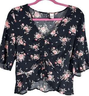 Divided H&M Black Floral Print Ruched Front Short Sleeve Peplum Blouse Size 10